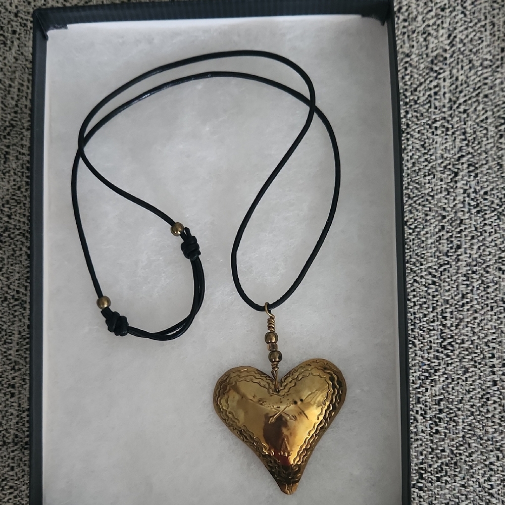 Brass Heart Pendant Necklace on Black Cord